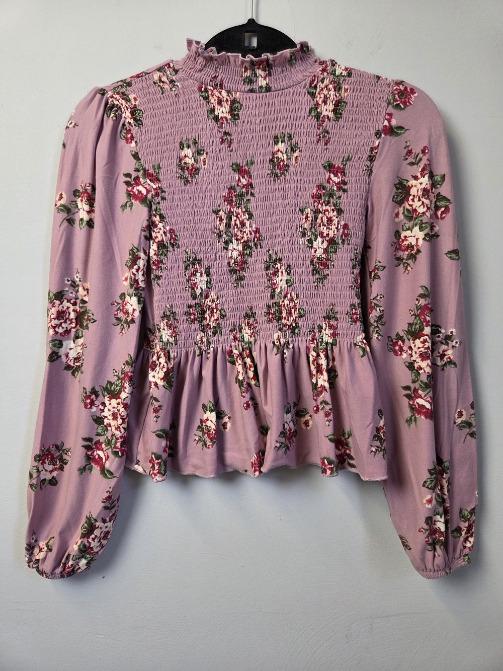 Crave Fame Pink Floral Smocked Peplum Long Sleeve Top